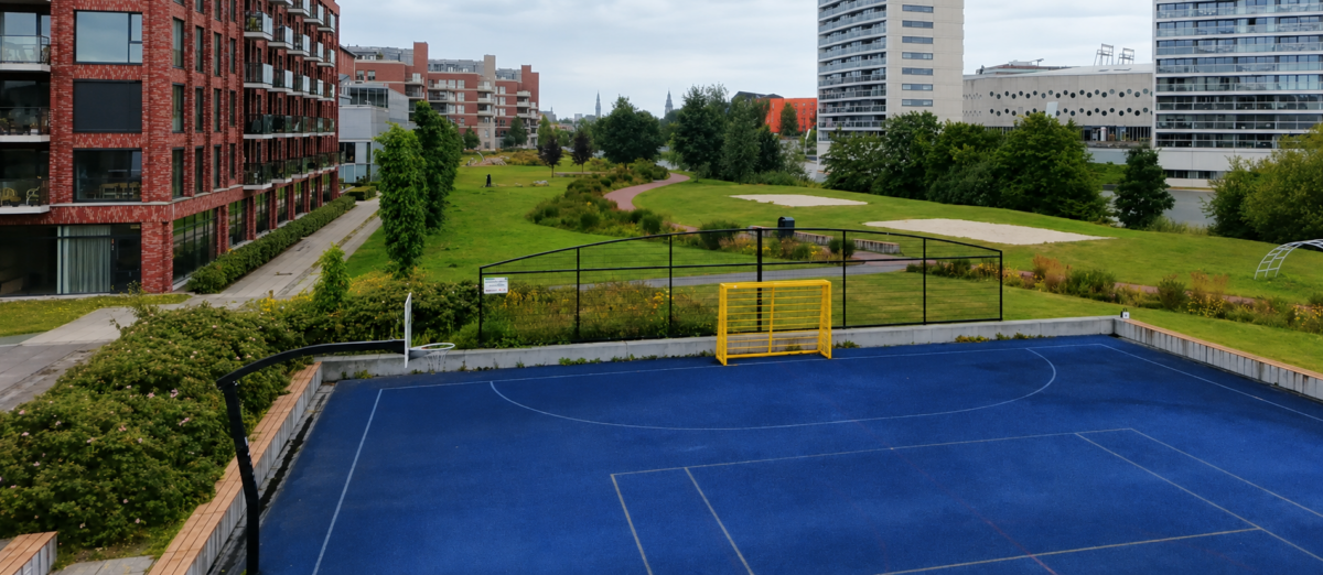 Ballenvangers en voetbaldoelen bij de Euroborg: sinds 2019 nog altijd in topconditie 2 Ballenvangnetten en gele voetbaldoelen bij de Euroborg circa zeven jaar na plaatsing